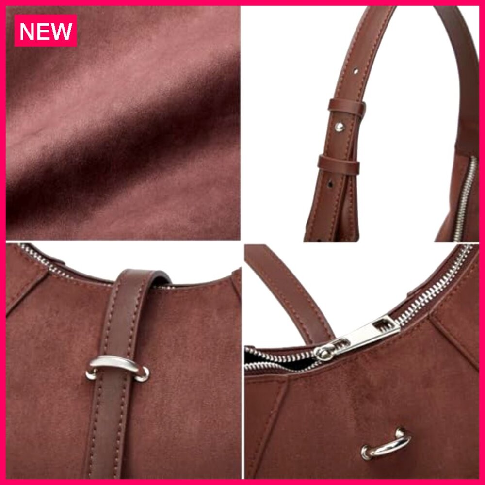 Vintage Faux Suede Shoulder Bag Crossbody Tote Purse Satchel - Picture 3 of 8